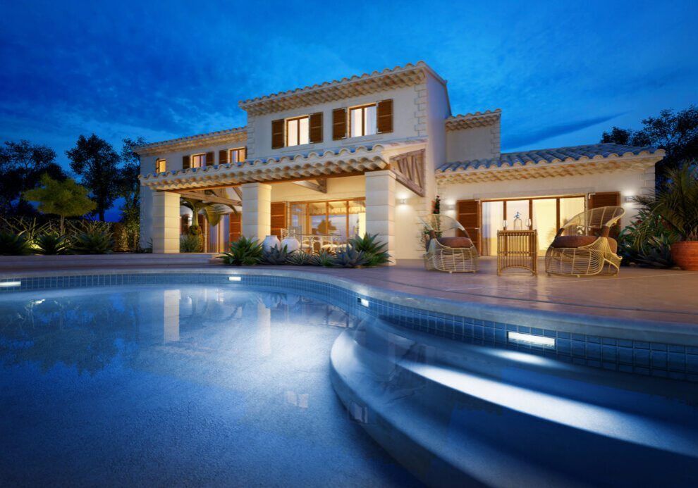 External view of a modern house with pool at dusk